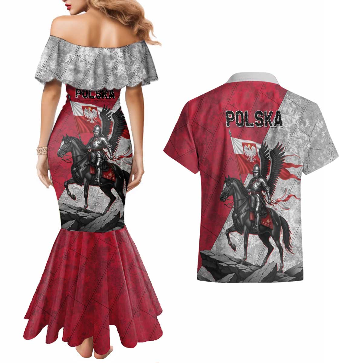 Poland Winged Hussar Warrior Couples Matching Mermaid Dress and Hawaiian Shirt Polska Flag Armor Spirit