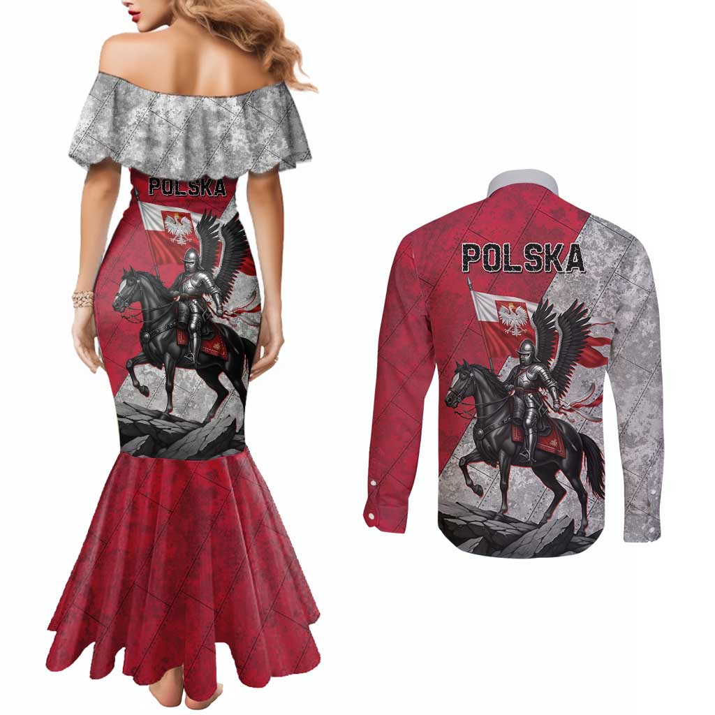 Poland Winged Hussar Warrior Couples Matching Mermaid Dress and Long Sleeve Button Shirt Polska Flag Armor Spirit