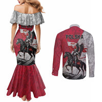 Poland Winged Hussar Warrior Couples Matching Mermaid Dress and Long Sleeve Button Shirt Polska Flag Armor Spirit