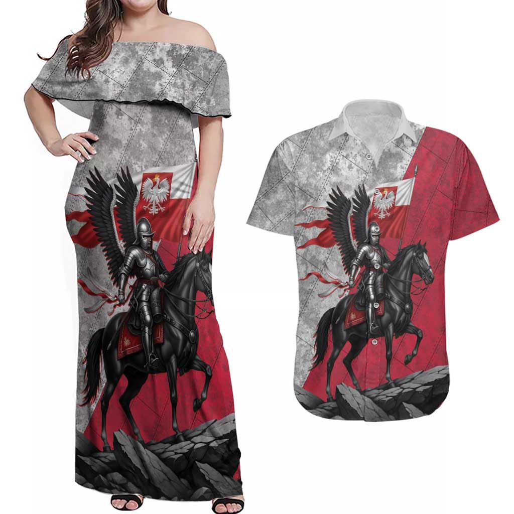 Poland Winged Hussar Warrior Couples Matching Off Shoulder Maxi Dress and Hawaiian Shirt Polska Flag Armor Spirit