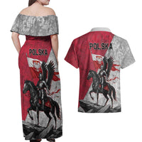 Poland Winged Hussar Warrior Couples Matching Off Shoulder Maxi Dress and Hawaiian Shirt Polska Flag Armor Spirit