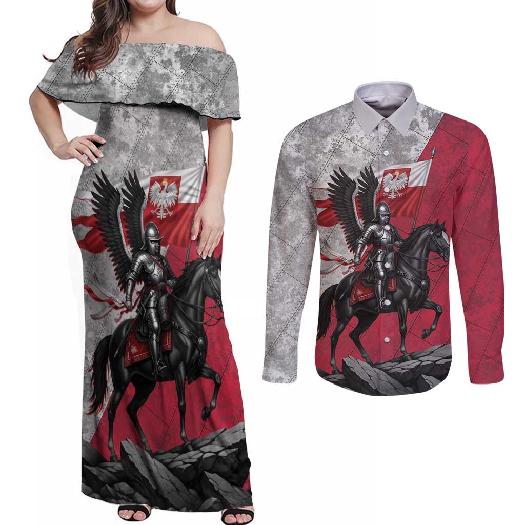 Poland Winged Hussar Warrior Couples Matching Off Shoulder Maxi Dress and Long Sleeve Button Shirt Polska Flag Armor Spirit