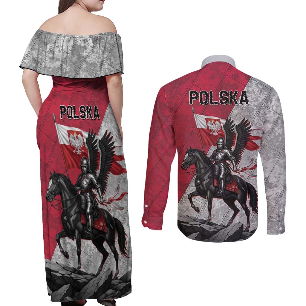 Poland Winged Hussar Warrior Couples Matching Off Shoulder Maxi Dress and Long Sleeve Button Shirt Polska Flag Armor Spirit