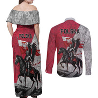 Poland Winged Hussar Warrior Couples Matching Off Shoulder Maxi Dress and Long Sleeve Button Shirt Polska Flag Armor Spirit