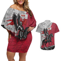 Poland Winged Hussar Warrior Couples Matching Off Shoulder Short Dress and Hawaiian Shirt Polska Flag Armor Spirit