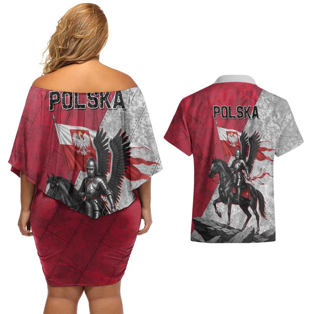 Poland Winged Hussar Warrior Couples Matching Off Shoulder Short Dress and Hawaiian Shirt Polska Flag Armor Spirit