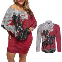 Poland Winged Hussar Warrior Couples Matching Off Shoulder Short Dress and Long Sleeve Button Shirt Polska Flag Armor Spirit