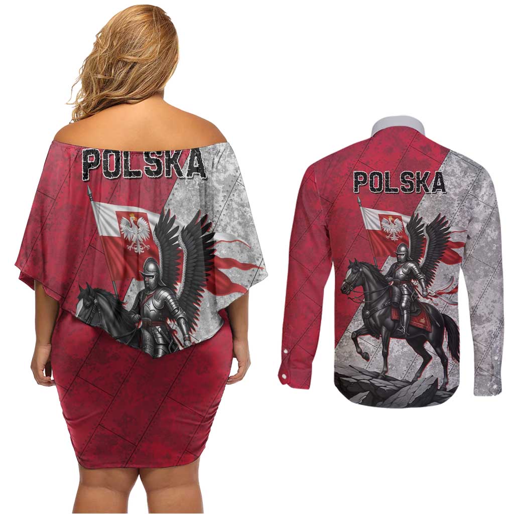 Poland Winged Hussar Warrior Couples Matching Off Shoulder Short Dress and Long Sleeve Button Shirt Polska Flag Armor Spirit