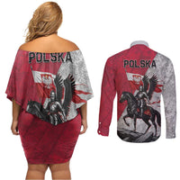 Poland Winged Hussar Warrior Couples Matching Off Shoulder Short Dress and Long Sleeve Button Shirt Polska Flag Armor Spirit