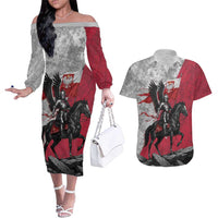 Poland Winged Hussar Warrior Couples Matching Off The Shoulder Long Sleeve Dress and Hawaiian Shirt Polska Flag Armor Spirit