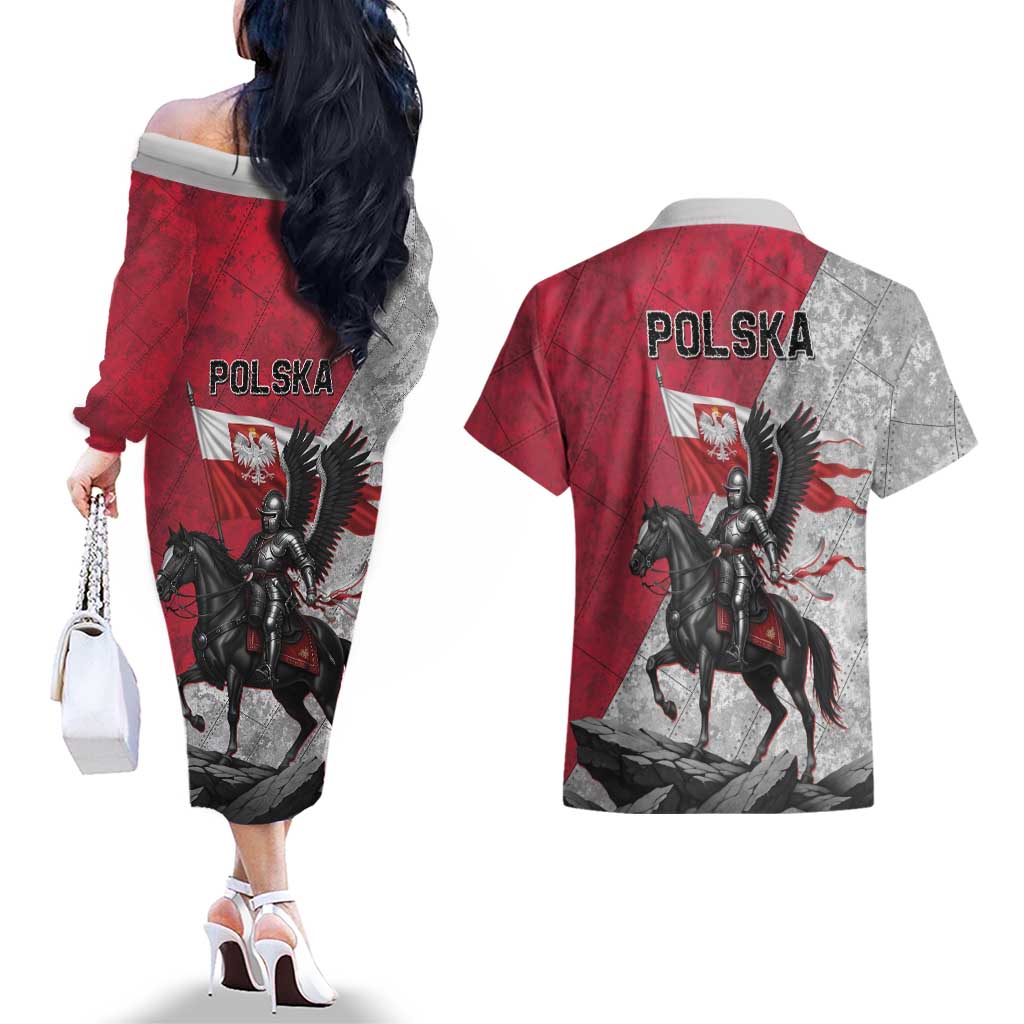 Poland Winged Hussar Warrior Couples Matching Off The Shoulder Long Sleeve Dress and Hawaiian Shirt Polska Flag Armor Spirit
