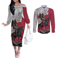Poland Winged Hussar Warrior Couples Matching Off The Shoulder Long Sleeve Dress and Long Sleeve Button Shirt Polska Flag Armor Spirit