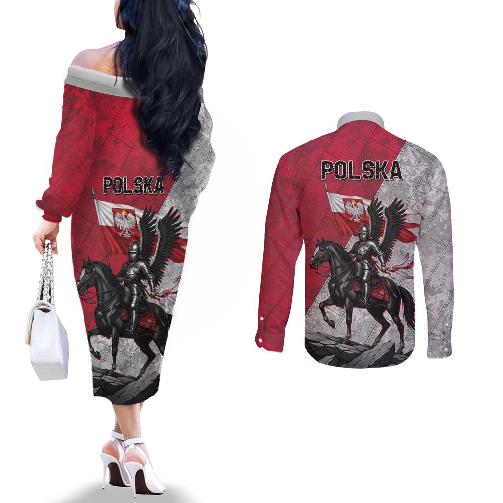 Poland Winged Hussar Warrior Couples Matching Off The Shoulder Long Sleeve Dress and Long Sleeve Button Shirt Polska Flag Armor Spirit