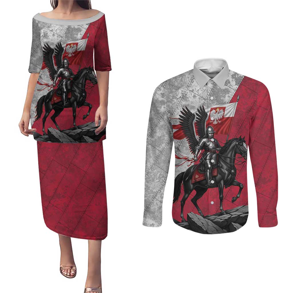 Poland Winged Hussar Warrior Couples Matching Puletasi and Long Sleeve Button Shirt Polska Flag Armor Spirit