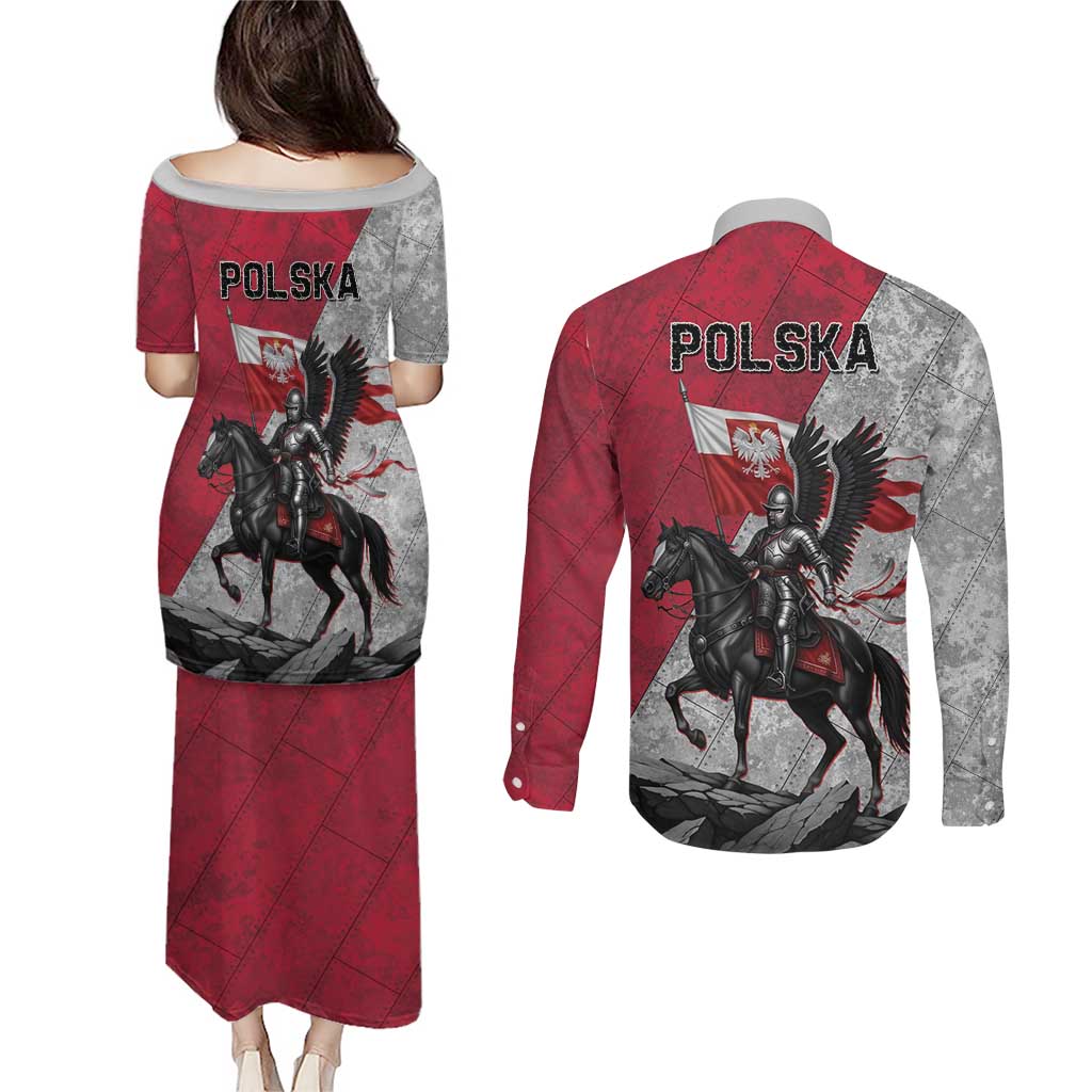 Poland Winged Hussar Warrior Couples Matching Puletasi and Long Sleeve Button Shirt Polska Flag Armor Spirit