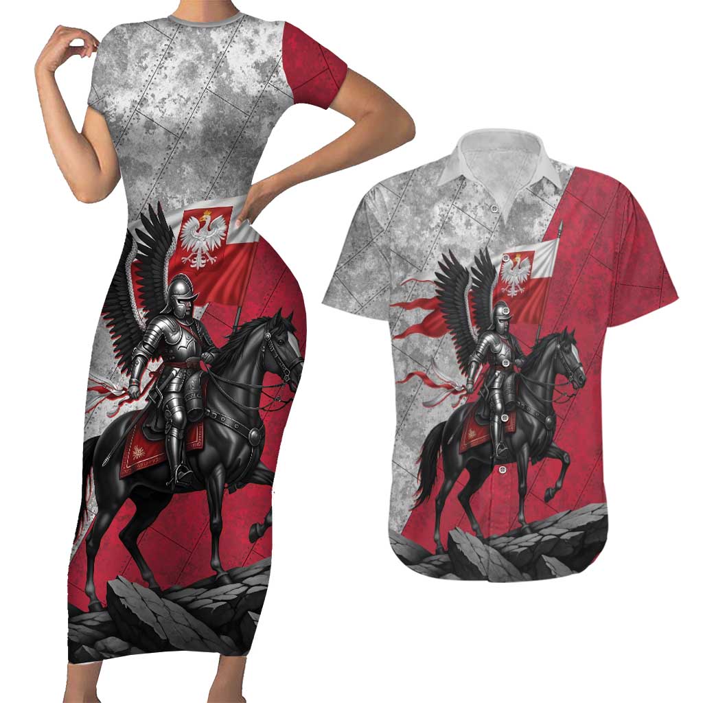 Poland Winged Hussar Warrior Couples Matching Short Sleeve Bodycon Dress and Hawaiian Shirt Polska Flag Armor Spirit