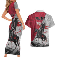 Poland Winged Hussar Warrior Couples Matching Short Sleeve Bodycon Dress and Hawaiian Shirt Polska Flag Armor Spirit