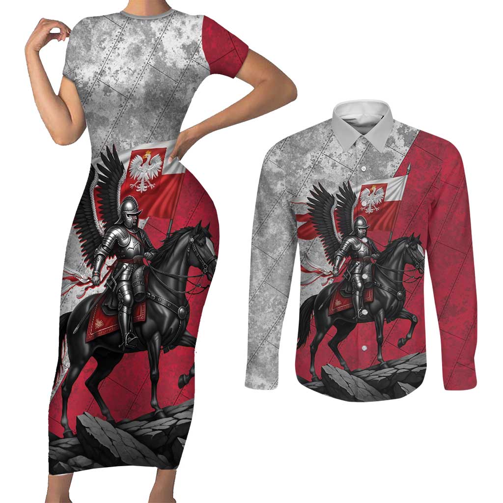 Poland Winged Hussar Warrior Couples Matching Short Sleeve Bodycon Dress and Long Sleeve Button Shirt Polska Flag Armor Spirit