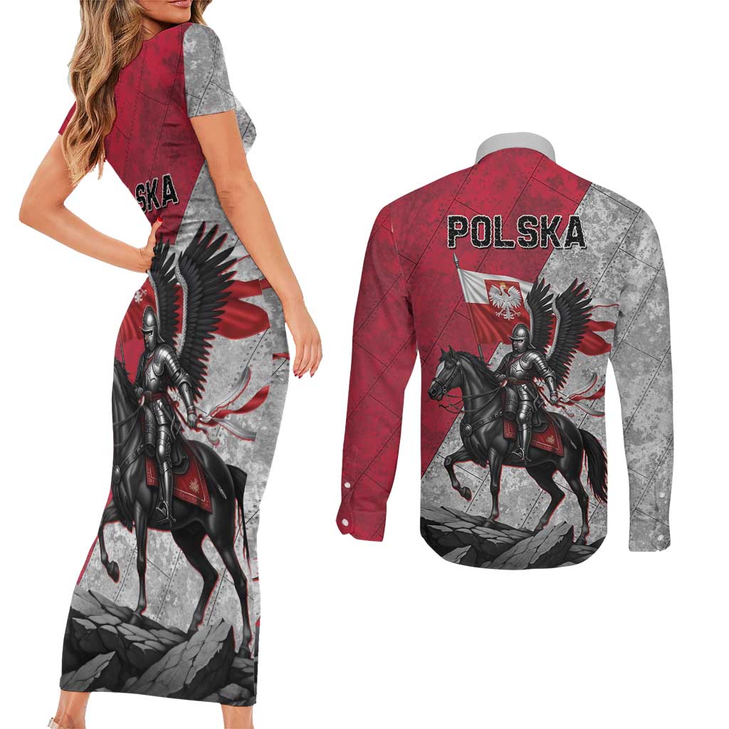Poland Winged Hussar Warrior Couples Matching Short Sleeve Bodycon Dress and Long Sleeve Button Shirt Polska Flag Armor Spirit