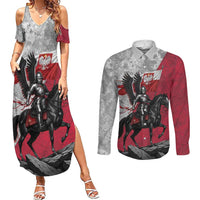 Poland Winged Hussar Warrior Couples Matching Summer Maxi Dress and Long Sleeve Button Shirt Polska Flag Armor Spirit