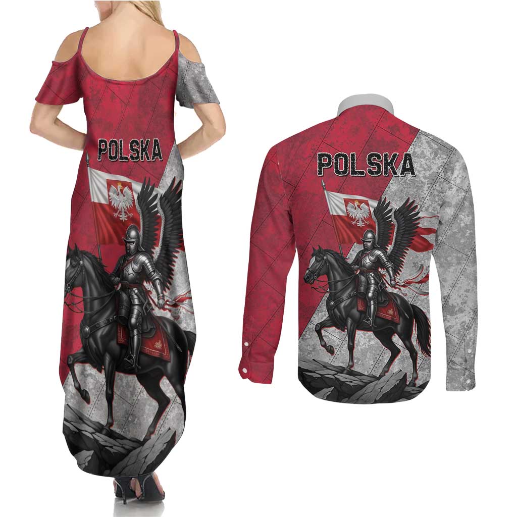 Poland Winged Hussar Warrior Couples Matching Summer Maxi Dress and Long Sleeve Button Shirt Polska Flag Armor Spirit
