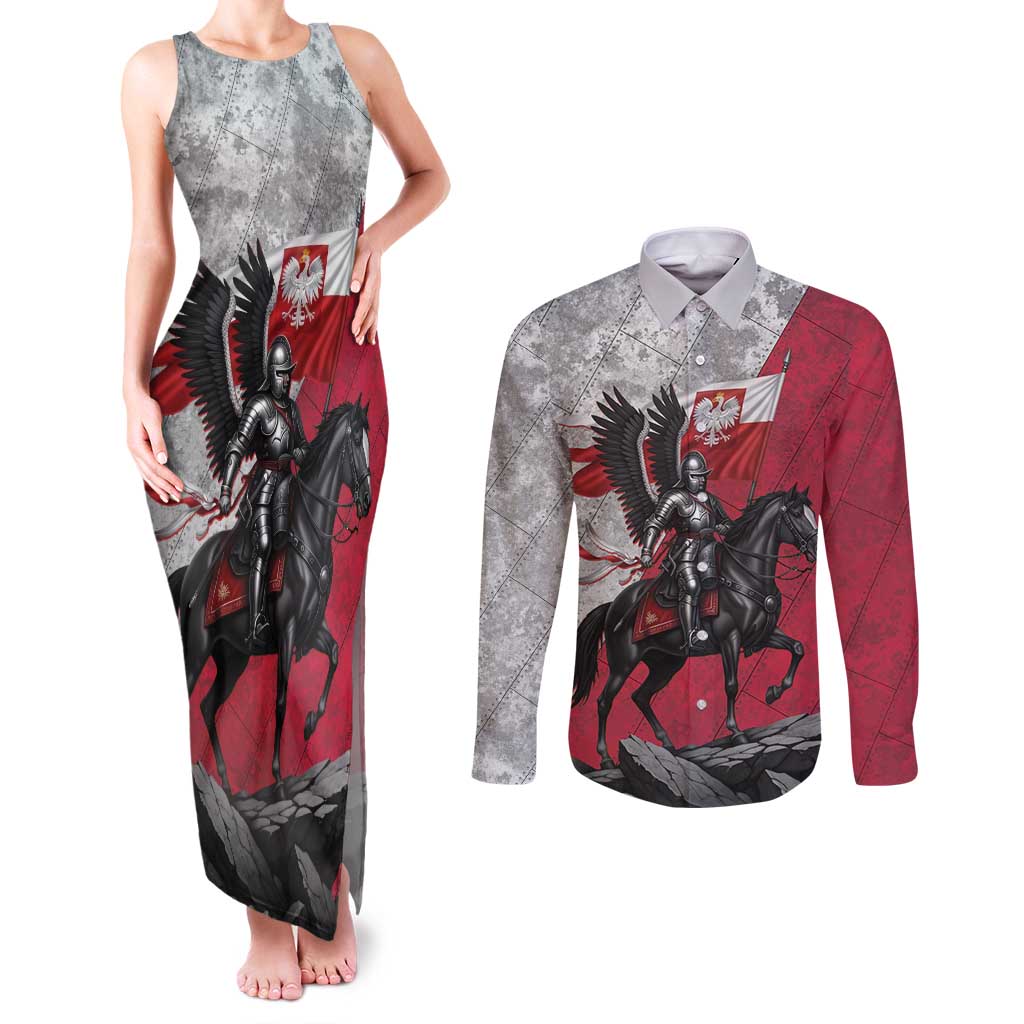 Poland Winged Hussar Warrior Couples Matching Tank Maxi Dress and Long Sleeve Button Shirt Polska Flag Armor Spirit