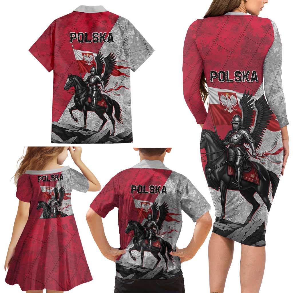 Poland Winged Hussar Warrior Family Matching Long Sleeve Bodycon Dress and Hawaiian Shirt Polska Flag Armor Spirit