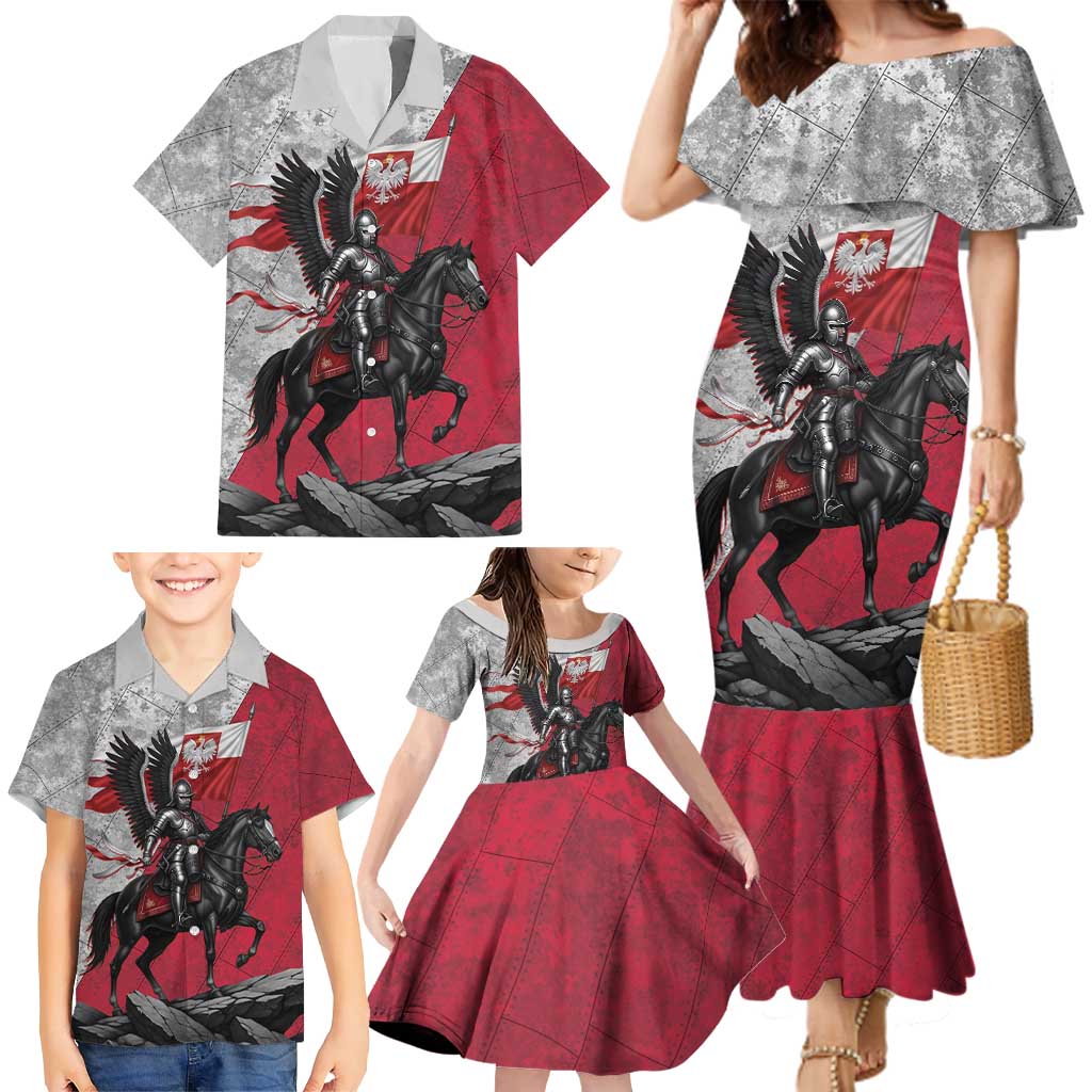 Poland Winged Hussar Warrior Family Matching Mermaid Dress and Hawaiian Shirt Polska Flag Armor Spirit