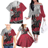 Poland Winged Hussar Warrior Family Matching Off The Shoulder Long Sleeve Dress and Hawaiian Shirt Polska Flag Armor Spirit