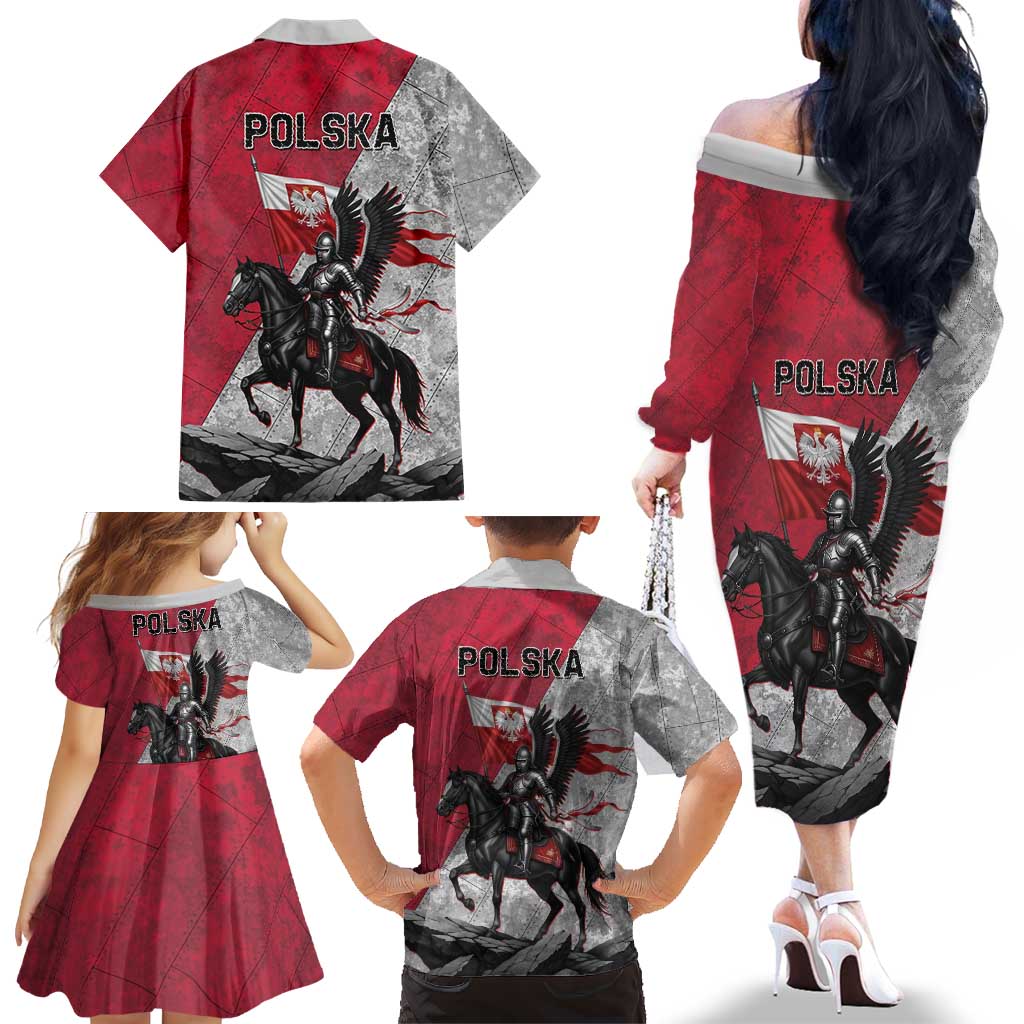 Poland Winged Hussar Warrior Family Matching Off The Shoulder Long Sleeve Dress and Hawaiian Shirt Polska Flag Armor Spirit
