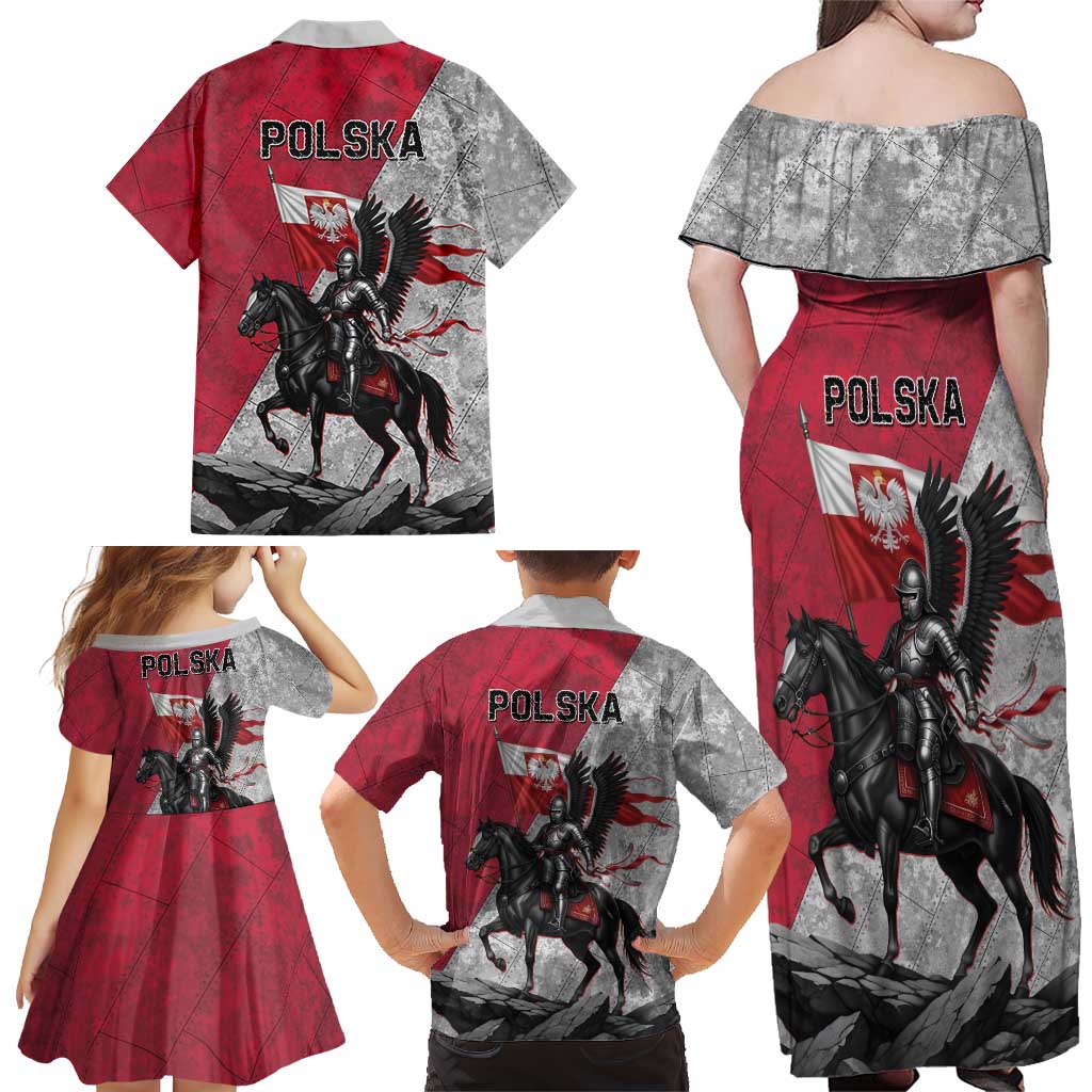 Poland Winged Hussar Warrior Family Matching Off Shoulder Maxi Dress and Hawaiian Shirt Polska Flag Armor Spirit