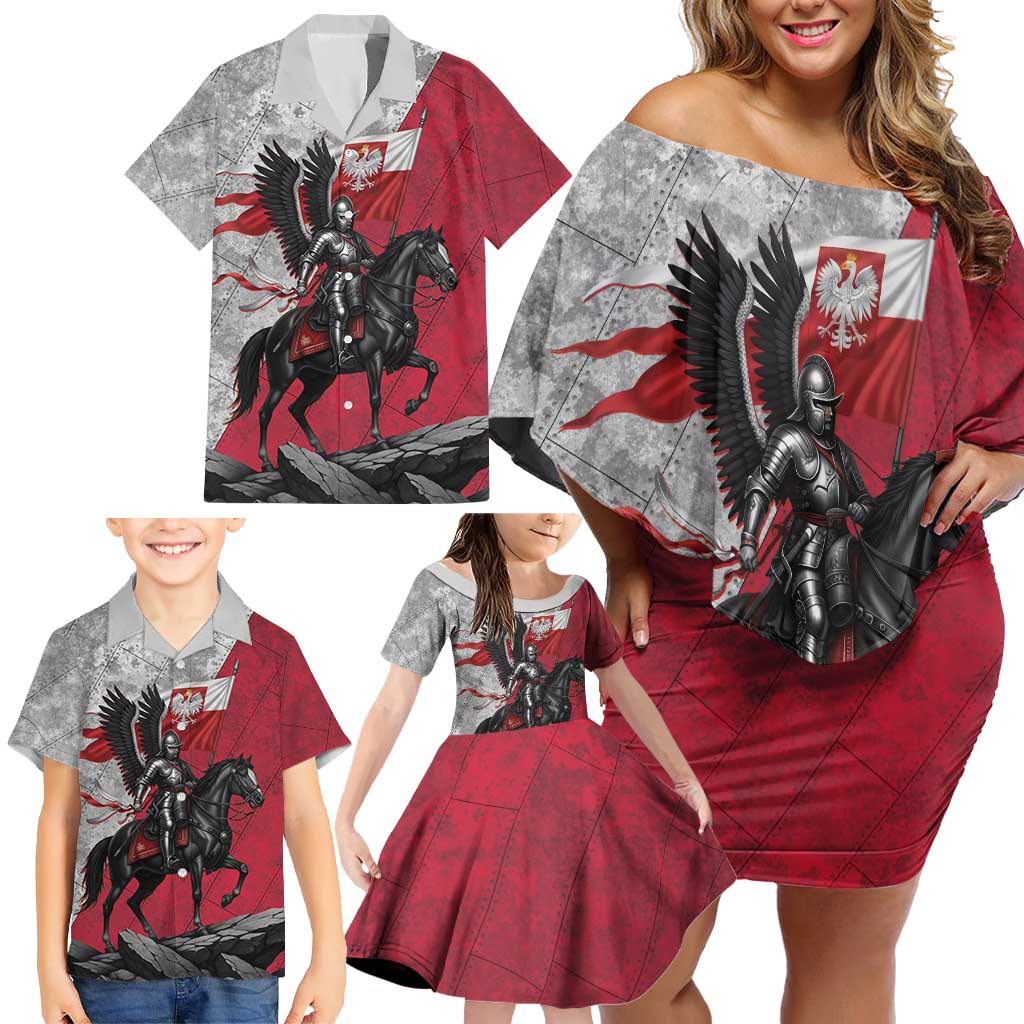 Poland Winged Hussar Warrior Family Matching Off Shoulder Short Dress and Hawaiian Shirt Polska Flag Armor Spirit