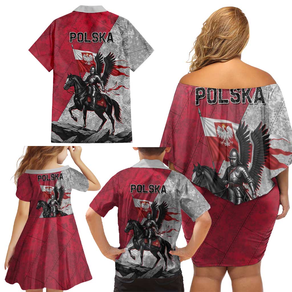 Poland Winged Hussar Warrior Family Matching Off Shoulder Short Dress and Hawaiian Shirt Polska Flag Armor Spirit