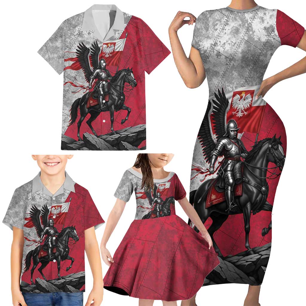Poland Winged Hussar Warrior Family Matching Short Sleeve Bodycon Dress and Hawaiian Shirt Polska Flag Armor Spirit