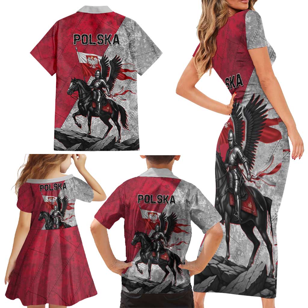 Poland Winged Hussar Warrior Family Matching Short Sleeve Bodycon Dress and Hawaiian Shirt Polska Flag Armor Spirit