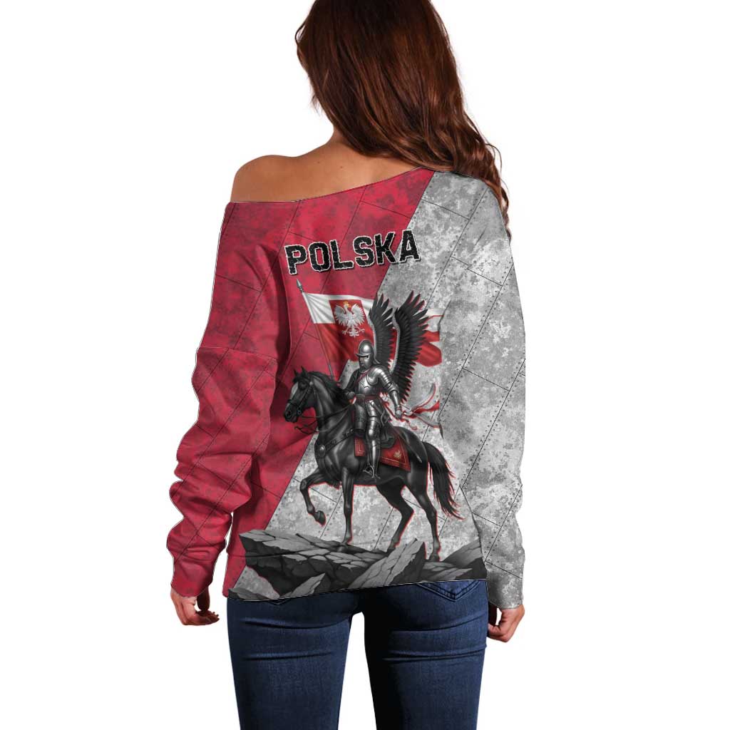 Poland Winged Hussar Warrior Off Shoulder Sweater Polska Flag Armor Spirit