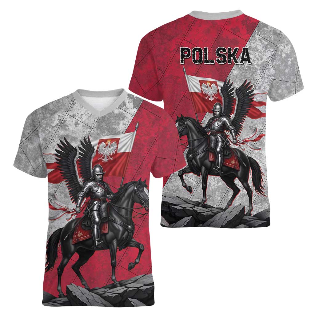 Poland Winged Hussar Warrior Women V-Neck T-Shirt Polska Flag Armor Spirit