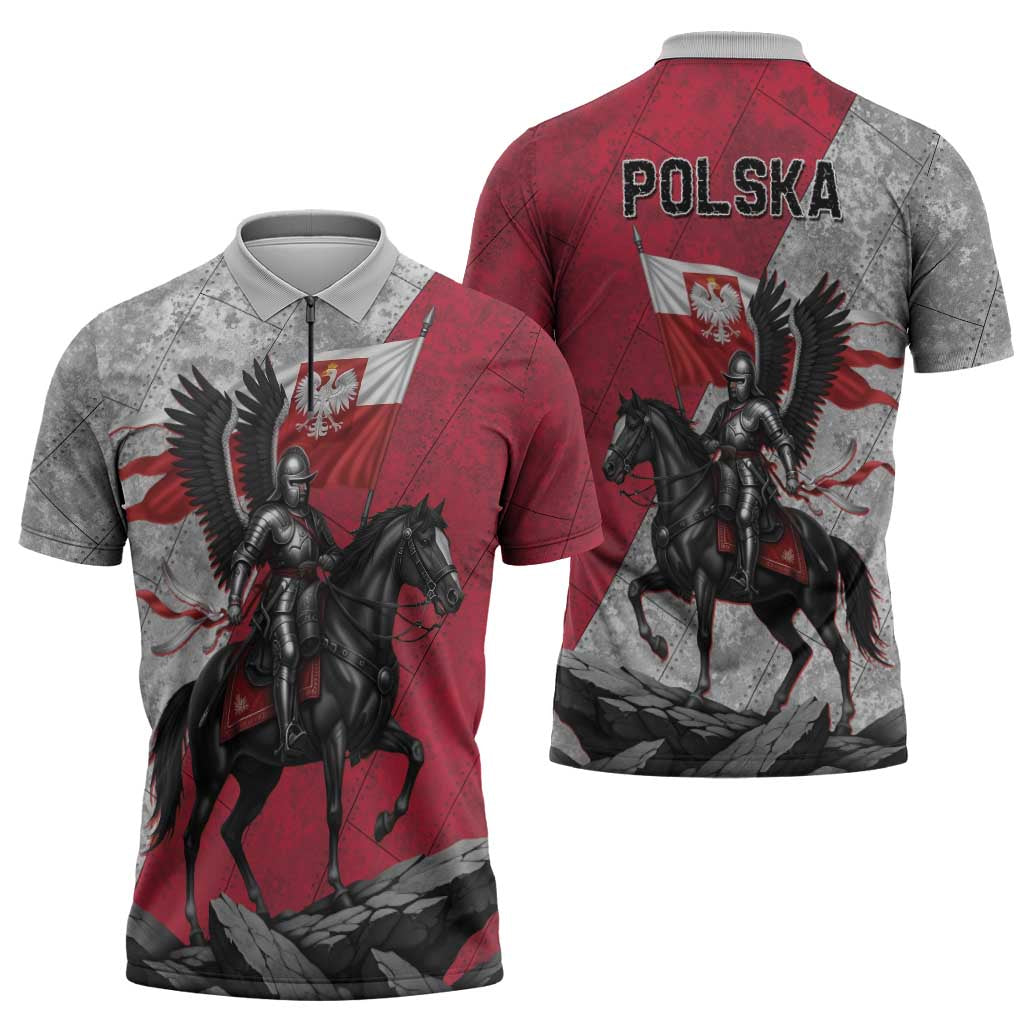 Poland Winged Hussar Warrior Zipper Polo Shirt Polska Flag Armor Spirit