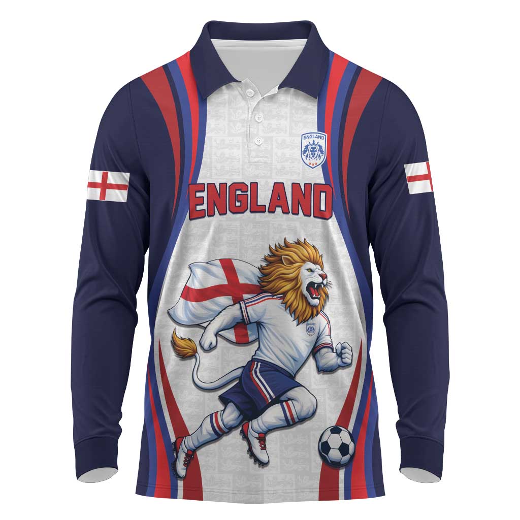 Custom World Football 2026 England Long Sleeve Polo Shirt Lion Mascot St George Cross Design