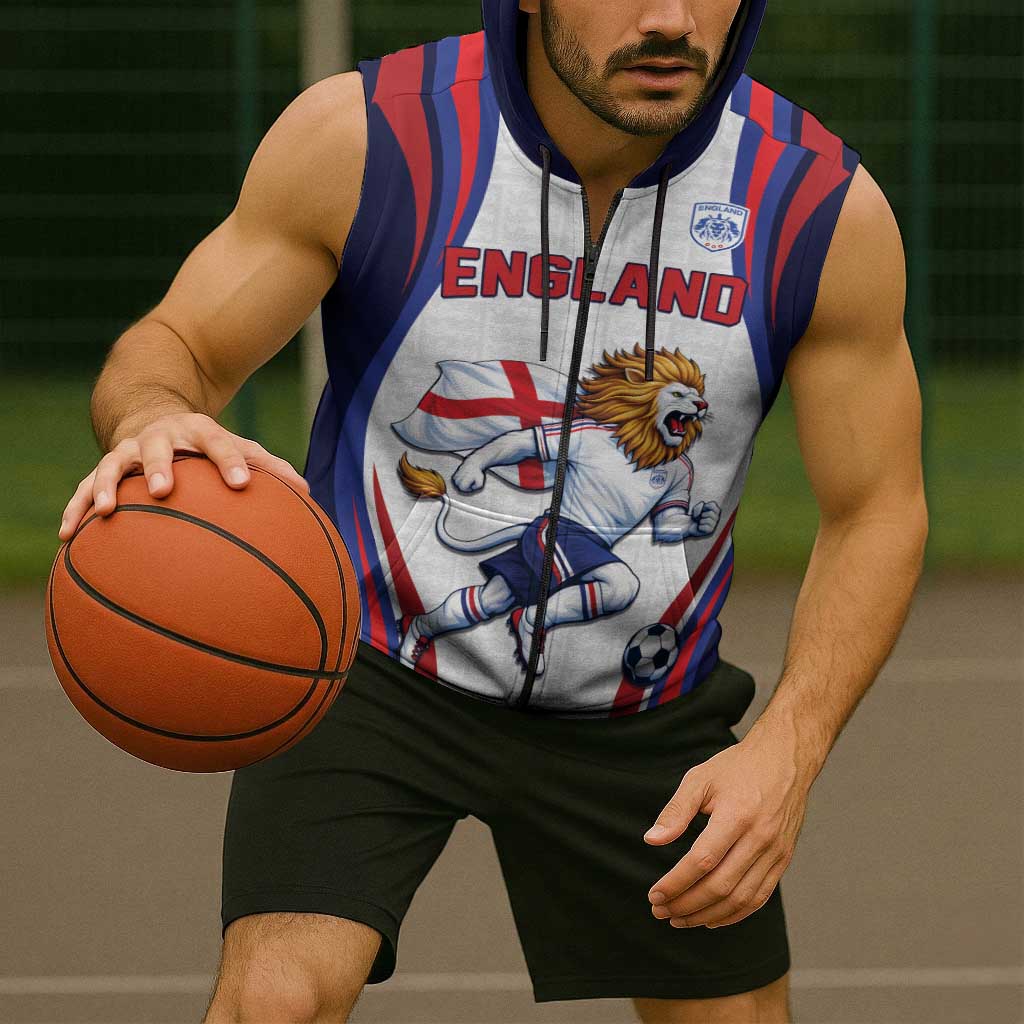 Custom World Football 2026 England Sleeveless Zip Hoodie Lion Mascot St George Cross Design