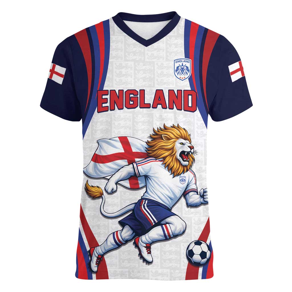 Custom World Football 2026 England Women V-Neck T-Shirt Lion Mascot St George Cross Design