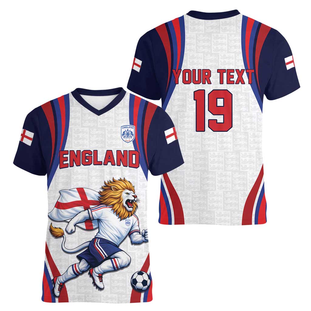 Custom World Football 2026 England Women V-Neck T-Shirt Lion Mascot St George Cross Design