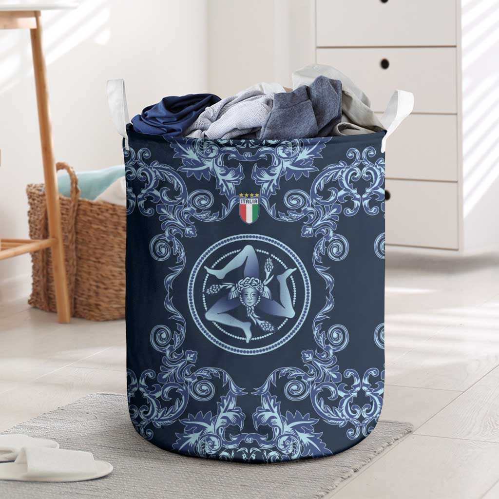 Italy Football 2026 Laundry Basket Italian Trinacria Blue Baroque Design