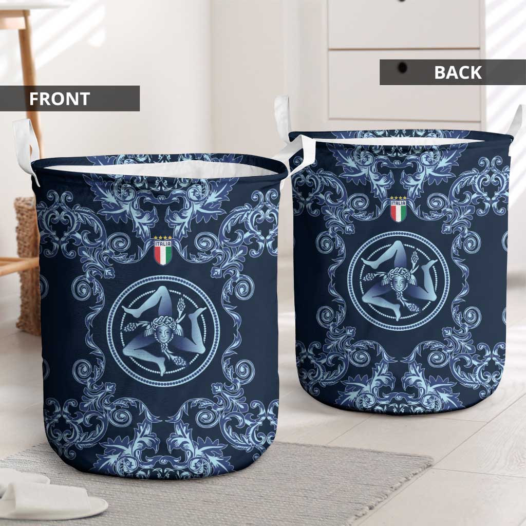 Italy Football 2026 Laundry Basket Italian Trinacria Blue Baroque Design