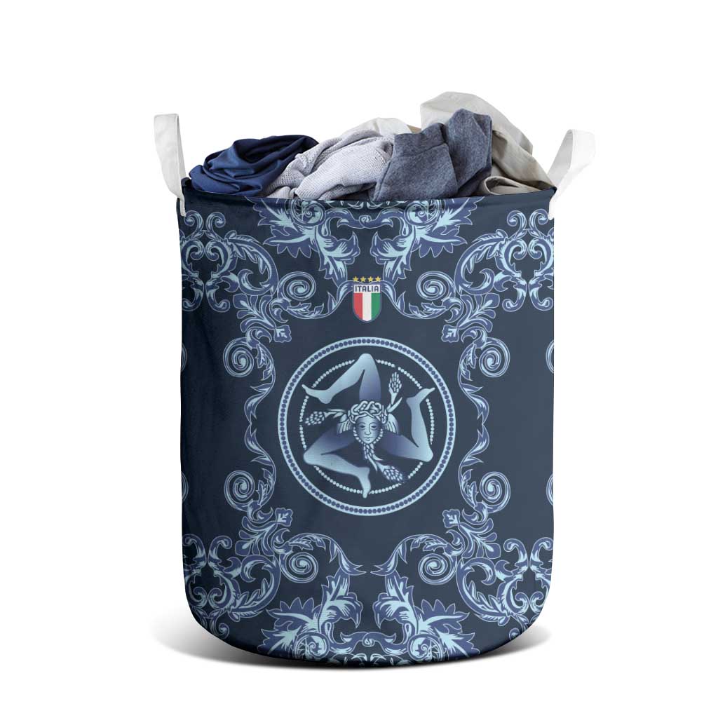 Italy Football 2026 Laundry Basket Italian Trinacria Blue Baroque Design