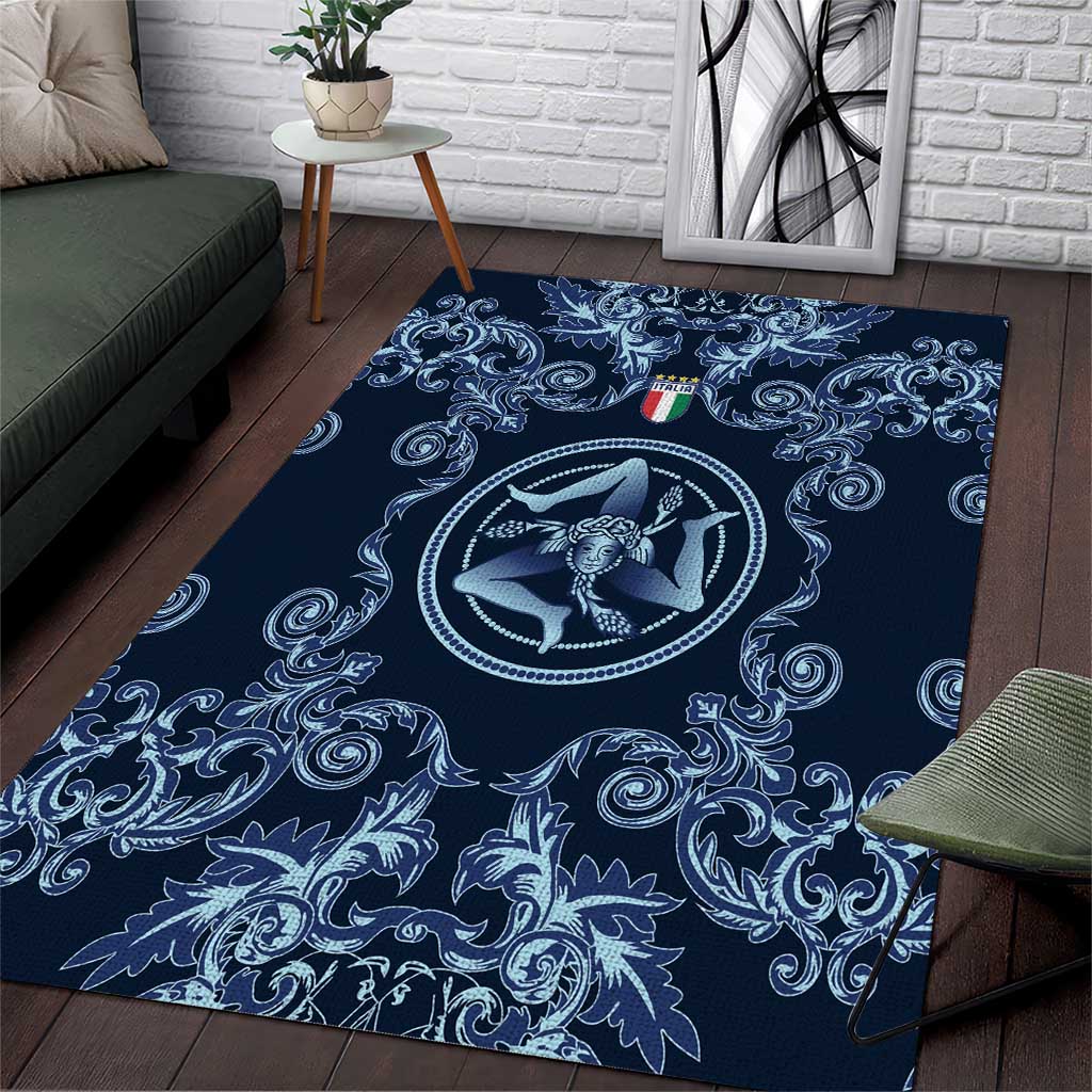 Italy Football 2026 Area Rug Italian Trinacria Blue Baroque Design