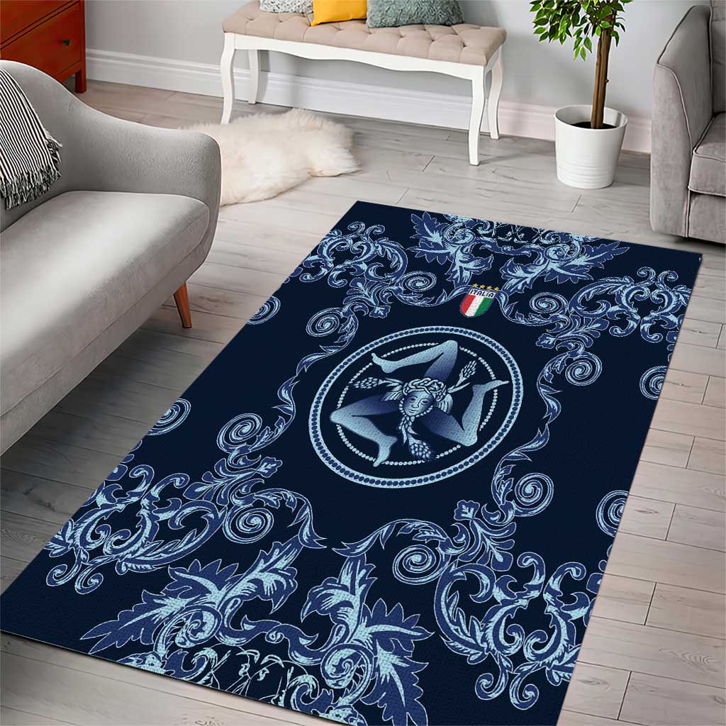 Italy Football 2026 Area Rug Italian Trinacria Blue Baroque Design