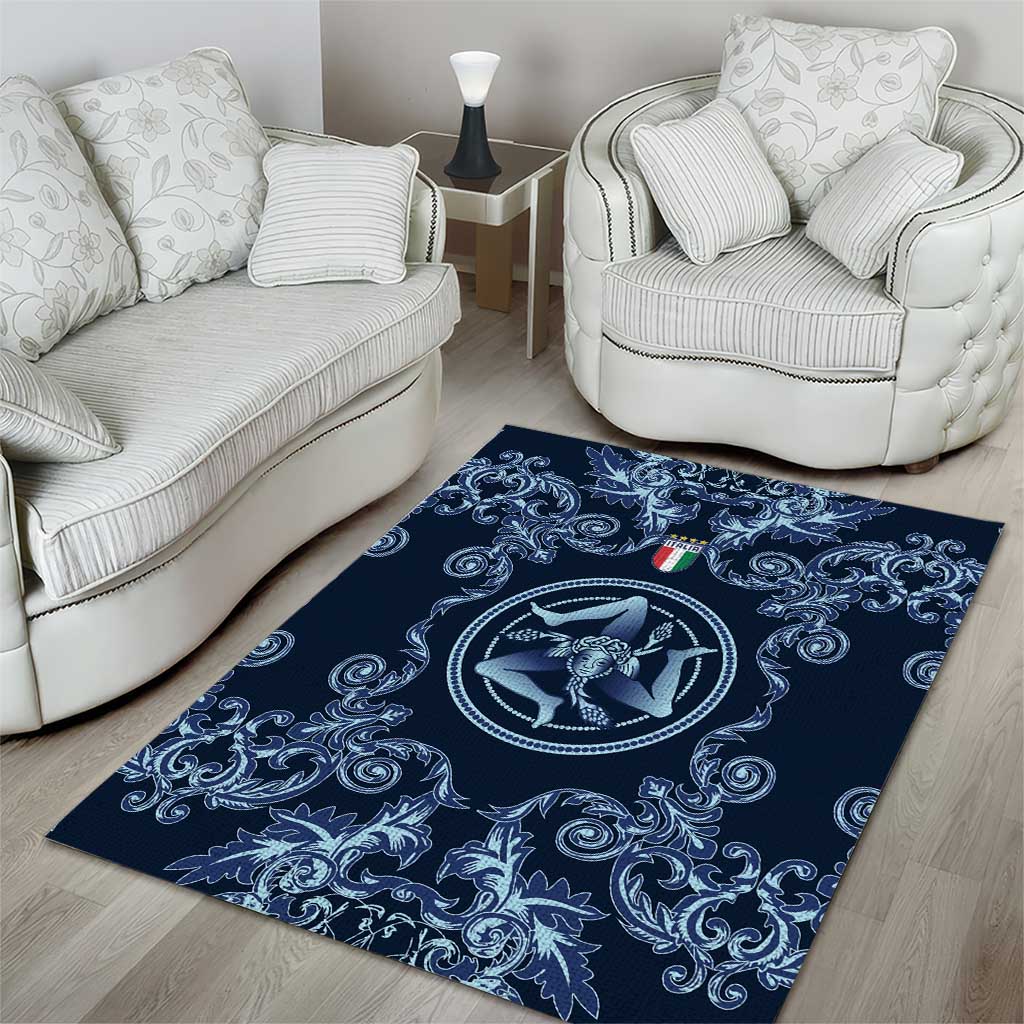 Italy Football 2026 Area Rug Italian Trinacria Blue Baroque Design