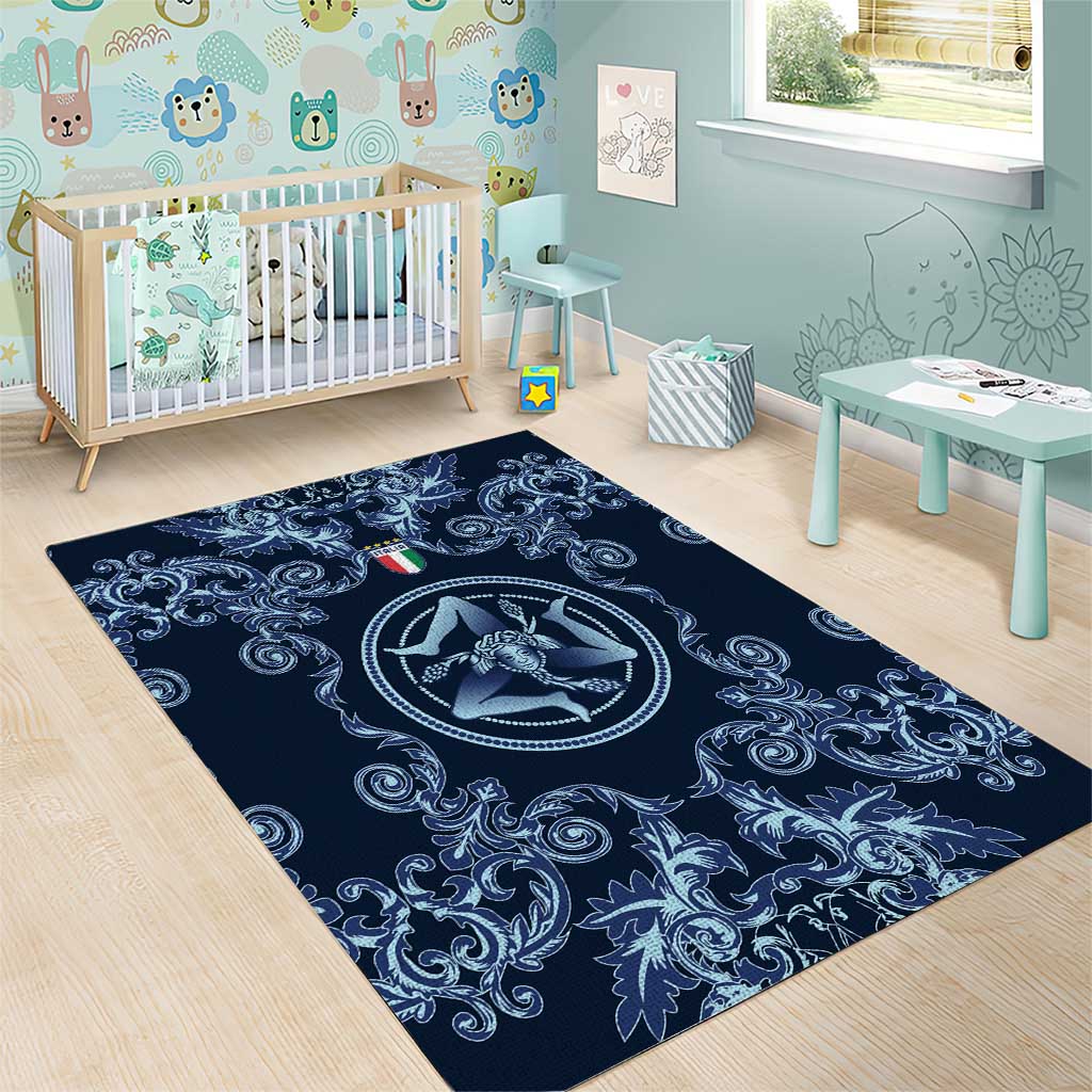 Italy Football 2026 Area Rug Italian Trinacria Blue Baroque Design