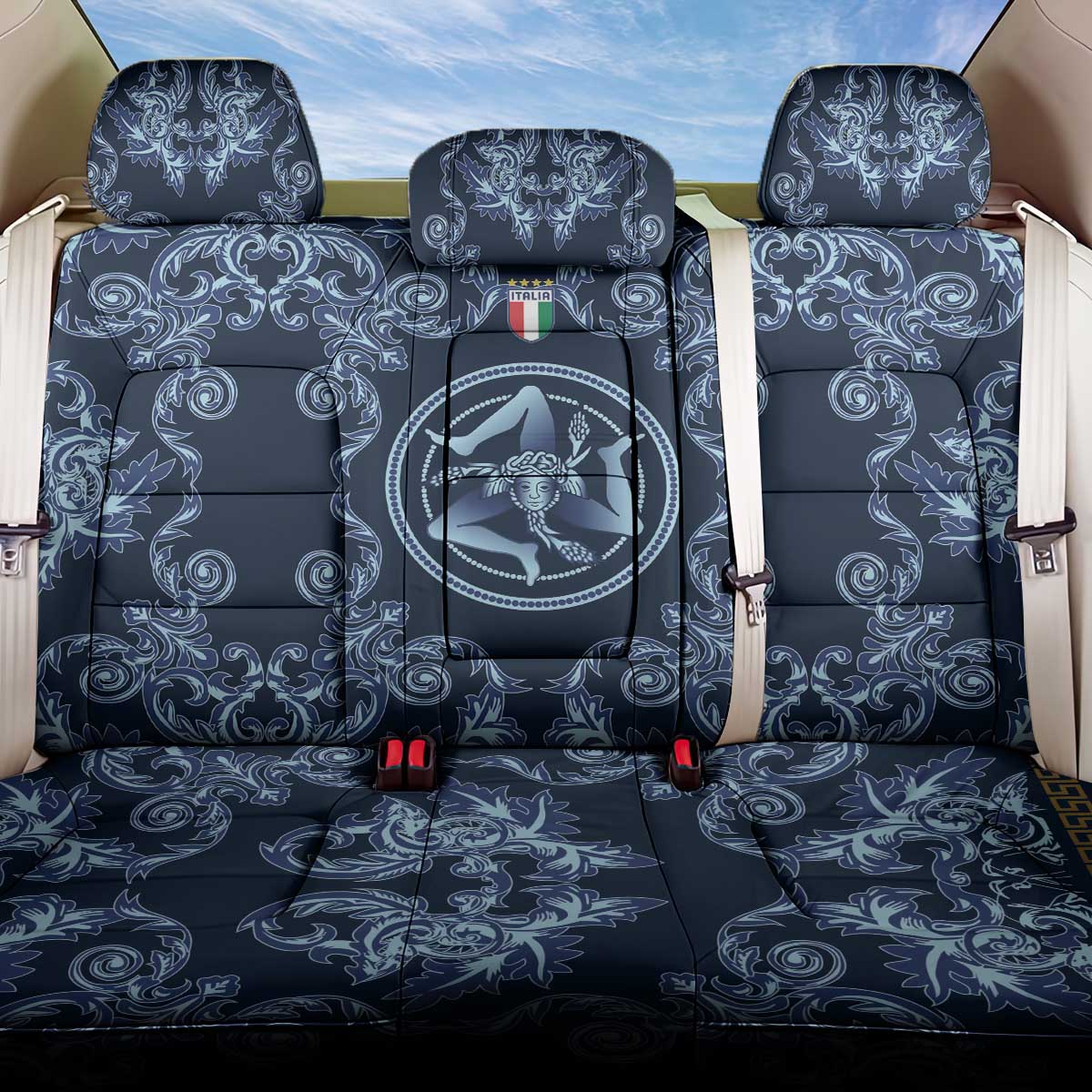 Italy Football 2026 Back Car Seat Cover Italian Trinacria Blue Baroque Design